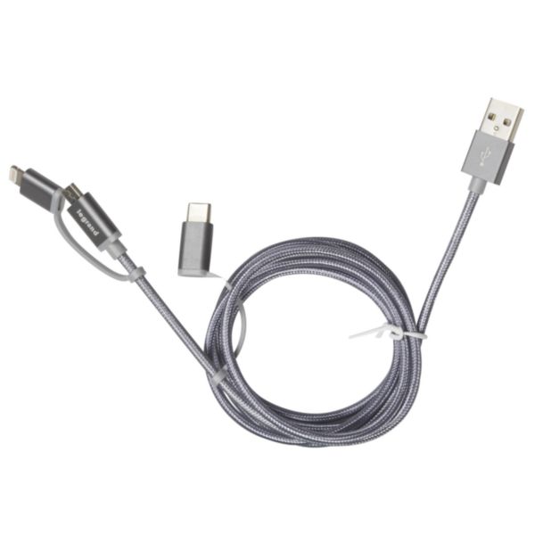 Cordon USB Type-A vers micro USB ou USB C et Lightning