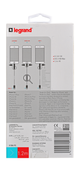 Cordon USB Type-A vers micro USB ou USB C et Lightning