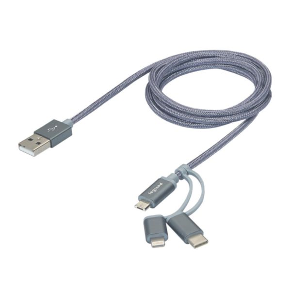 Cordon USB Type-A vers micro USB ou USB C et Lightning