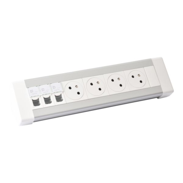 Bloc bureau à câbler équipé de 4 prises 2P+T Surface et 3 prises RJ45 catégorie 6 FTP