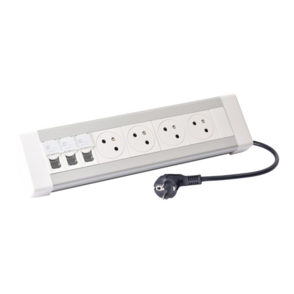 Bloc bureau avec cordon 3m et fiche 2P+T équipé de 4 prises 2P+T Surface et 3 prises RJ45 catégorie 6 FTP