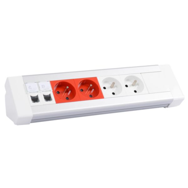 Bloc bureau équipé : 4prises 2P+T + 2prises RJ45+ 2obturateurs 1 module à câbler