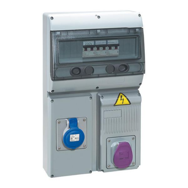 Coffret 2 prises P17 IP44 - 1 prise 2P , 1 prise 2P+T 16A , 1 disjoncteur et 1 transformateur