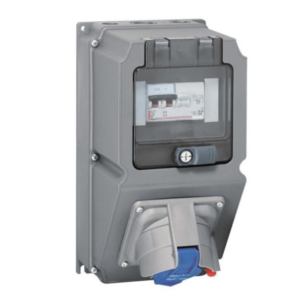 Coffret monoprise Hypra IP44 - 1 prise 3P+N+T 63A 380V~ à 415V~ , 1 Prisinter et 1 disjoncteur différentiel