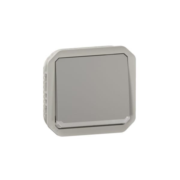 Poussoir NO témoin avec voyant étanche Plexo 10A IP55 IK08 avec enjoliveur finition gris