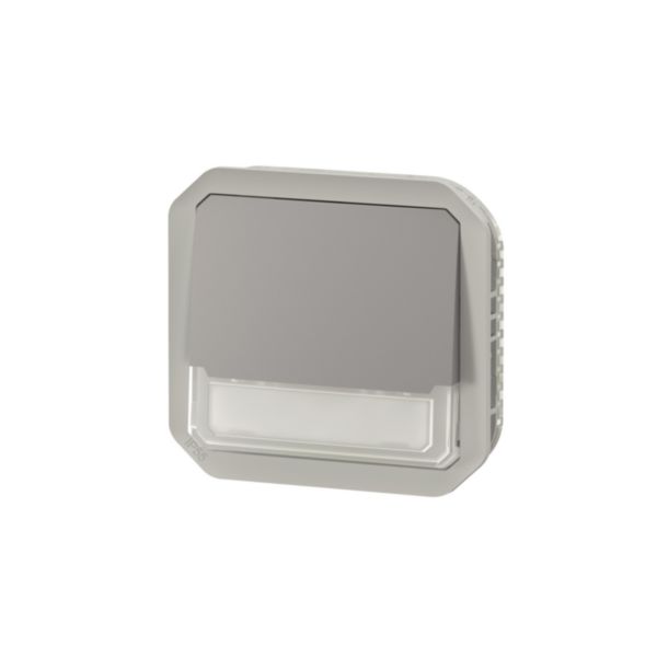 Poussoir NO-NF lumineux porte-étiquette avec voyant étanche Plexo 10A IP55 IK08 avec enjoliveur finition gris