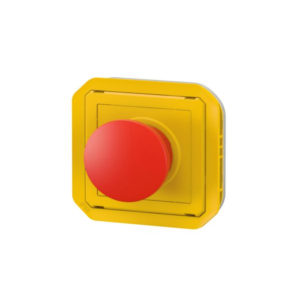 Coup de poing d'urgence poussoir à impulsion arrêt étanche Plexo IP55 avec enjoliveur jaune et bouton rouge