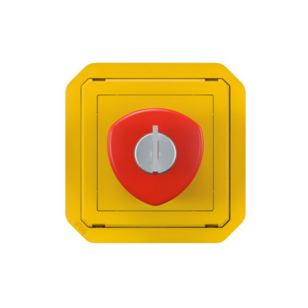 Coup de poing d'urgence poussoir déverrouillage à clé étanche Plexo IP55 avec enjoliveur jaune et bouton rouge