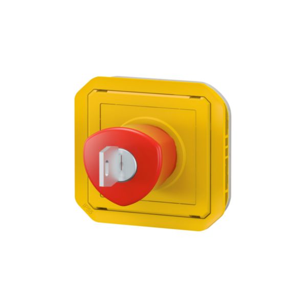 Coup de poing d'urgence poussoir déverrouillage à clé étanche Plexo IP55 avec enjoliveur jaune et bouton rouge