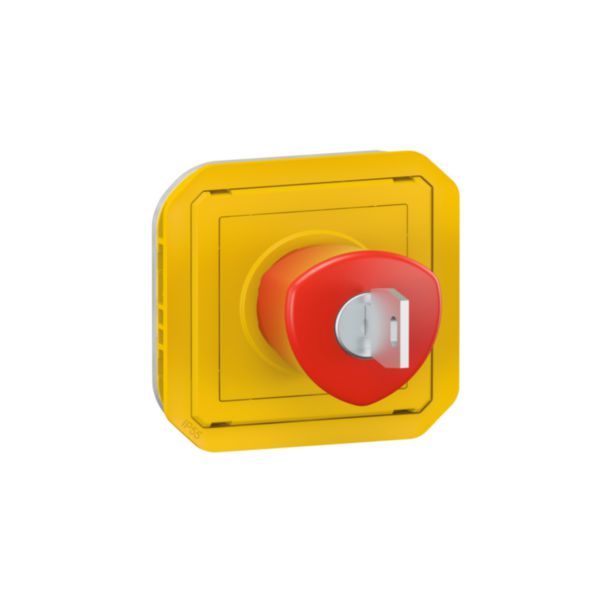 Coup de poing d'urgence poussoir déverrouillage à clé étanche Plexo IP55 avec enjoliveur jaune et bouton rouge