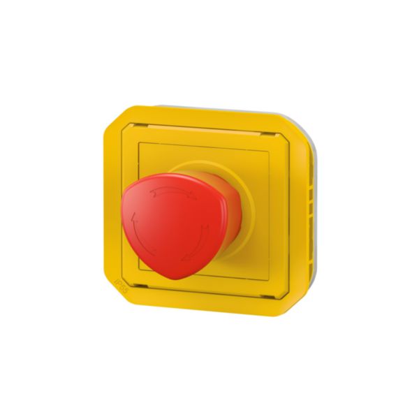 Coup de poing d'urgence poussoir déverrouillage 1/4 tour étanche Plexo IP55 avec enjoliveur jaune et bouton rouge