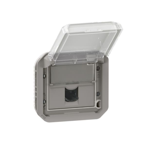 Prise informatique RJ45 catégorie 6A STP étanche à volet Plexo IP55 avec enjoliveur finition gris