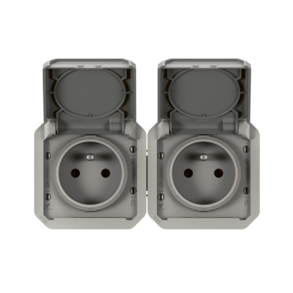 Double prise de courant précâblée 2x2P+T horizontale étanche Plexo 16A 250V IP55 2 postes avec enjoliveurs finition gris