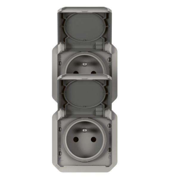 Double prise de courant précâblée 2x2P+T verticale étanche Plexo 16A 250V IP55 2 postes avec enjoliveurs finition gris