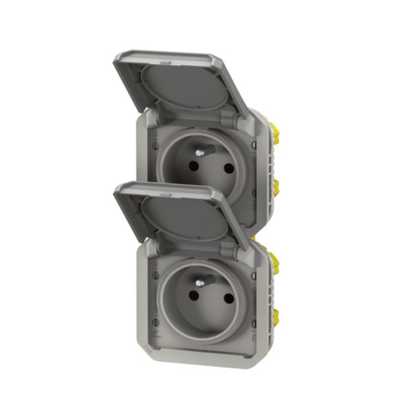 Double prise de courant précâblée 2x2P+T verticale étanche Plexo 16A 250V IP55 2 postes avec enjoliveurs finition gris