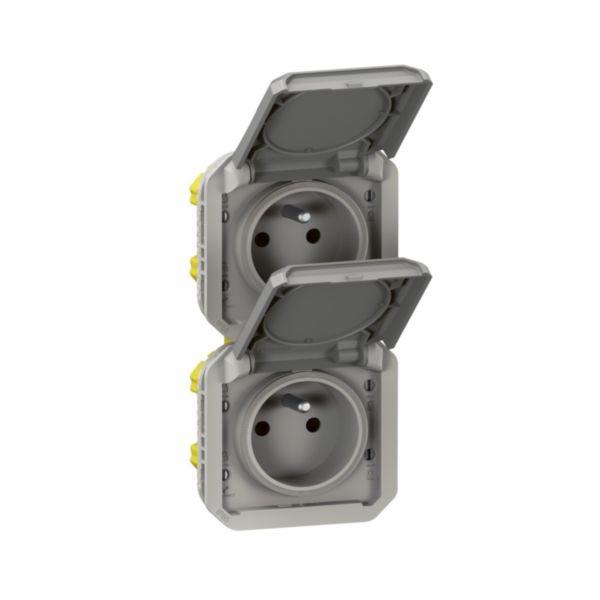 Double prise de courant précâblée 2x2P+T verticale étanche Plexo 16A 250V IP55 2 postes avec enjoliveurs finition gris