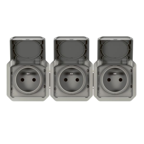 Triple prise de courant précâblée 3x2P+T horizontale étanche Plexo 16A 250V IP55 3 postes avec enjoliveurs gris