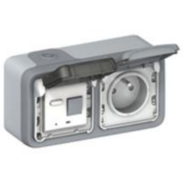 Prise étanche 2P+T à volet et éclips de protection + disjoncteur différentiel 10mA Plexo composable IP55 16A 250V - gris