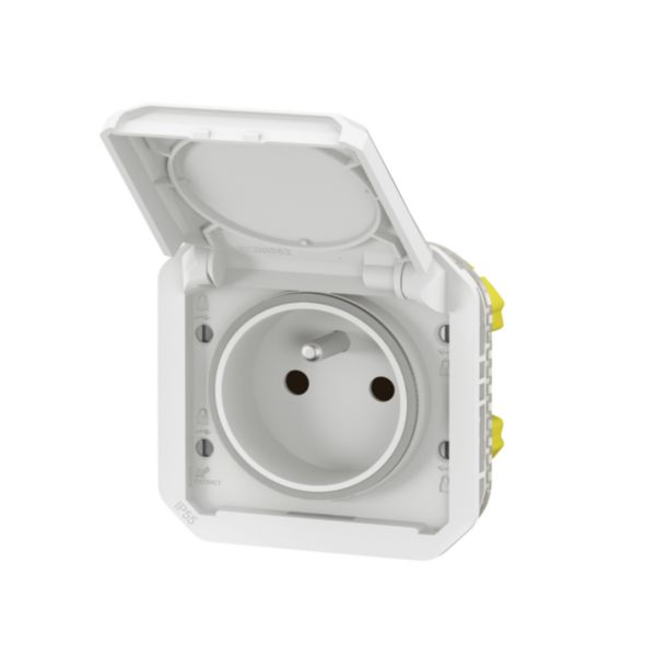 Prise de courant 2P+T étanche Plexo 16A 250V IP55 IK08 avec enjoliveur finition blanc