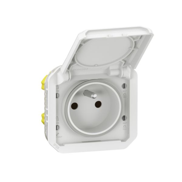 Prise de courant 2P+T étanche Plexo 16A 250V IP55 IK08 avec enjoliveur finition blanc