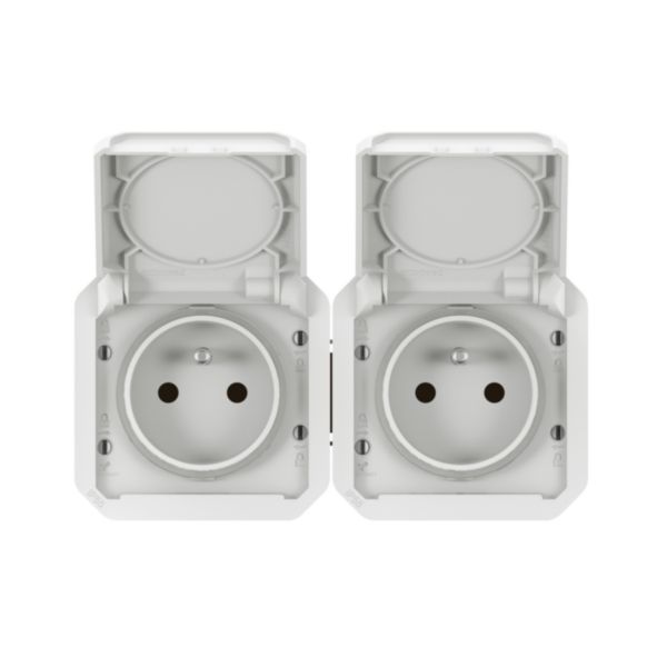 Double prise de courant précâblée 2x2P+T horizontale étanche Plexo 16A 250V IP55 2 postes avec enjoliveurs blanc