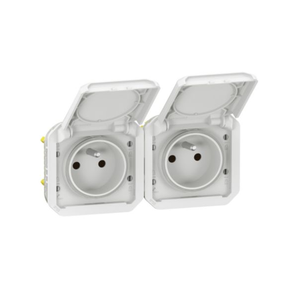 Double prise de courant précâblée 2x2P+T horizontale étanche Plexo 16A 250V IP55 2 postes avec enjoliveurs blanc