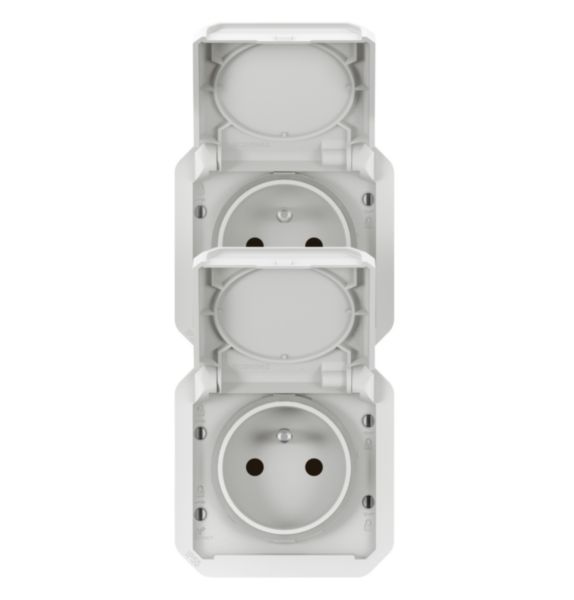 Double prise de courant précâblée 2x2P+T verticale étanche Plexo 16A 250V IP55 2 postes avec enjoliveurs blanc