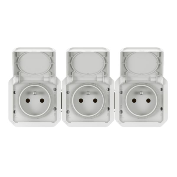 Triple prise de courant précâblée 3x2P+T horizontale étanche Plexo 16A 250V IP55 3 postes avec enjoliveurs blanc