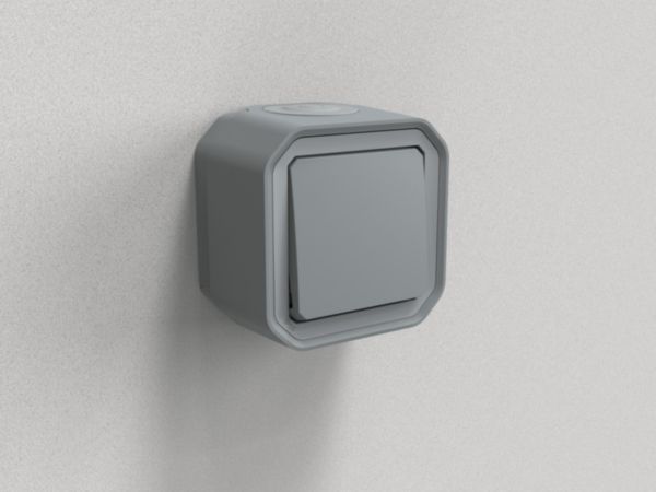 Poussoir NO étanche Plexo 10A IP55 IK08 livré complet pour fixation saillie - gris