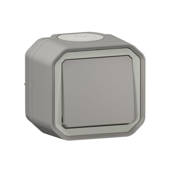 Poussoir NO étanche Plexo 10A IP55 IK08 livré complet pour fixation saillie - gris