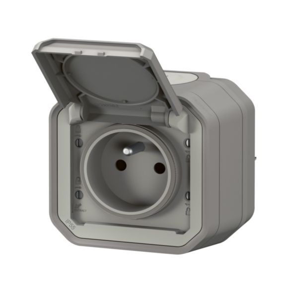 Prise de courant 2P+T étanche Plexo 16A 250V IP55 IK08 livrée complète pour fixation saillie - gris