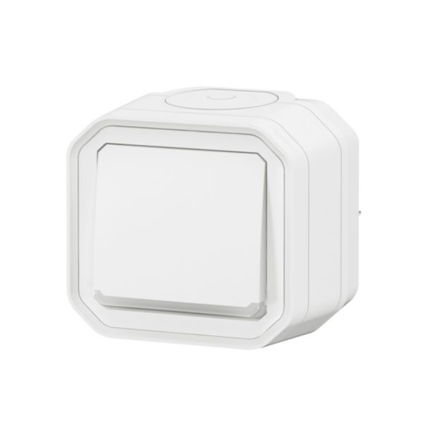 Poussoir NO lumineux avec voyant étanche Plexo 10A IP55 IK08 livré complet pour fixation saillie - blanc