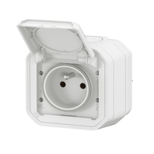 Prise de courant 2P+T étanche Plexo 16A 250V IP55 IK08 livrée complète pour fixation saillie - blanc