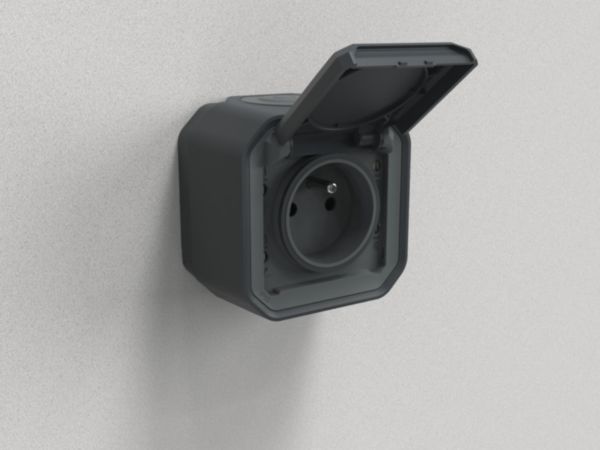 Prise de courant 2P+T étanche Plexo 16A 250V IP55 IK08 livrée complète pour fixation saillie - anthracite