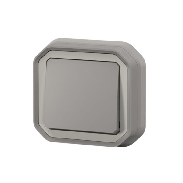 Poussoir NO étanche Plexo 10A IP55 IK08 livré complet pour fixation en encastré - gris