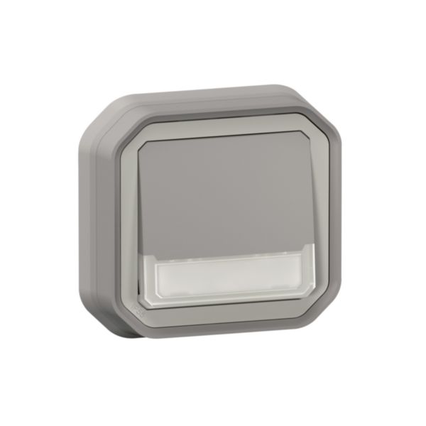 Poussoir NO-NF lumineux porte-étiquette avec voyant étanche Plexo 10A IP55 IK08 livré complet fixation encastré - gris