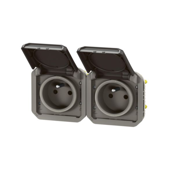 Double prise de courant précâblée 2x2P+T horizontale étanche Plexo 16A 250V IP55 2 postes avec enjoliveurs anthracite