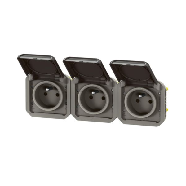 Triple prise de courant précâblée 3x2P+T horizontale étanche Plexo 16A 250V IP55 3 postes avec enjoliveurs anthracite