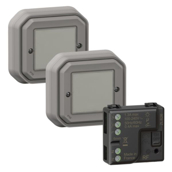 Prêt-à-Poser connectable Plexo avec 2 commandes sans fils sans pile Self-e et 1 micromodule - gris