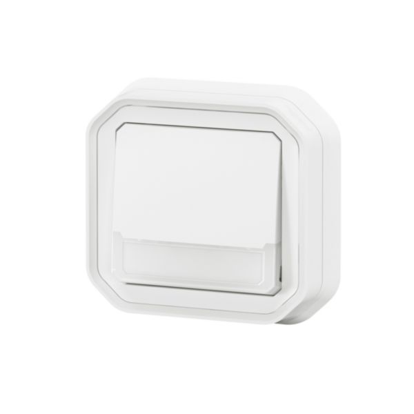 Poussoir NO-NF lumineux porte-étiquette avec voyant étanche Plexo 10A IP55 IK08 livré complet fixation encastré - blanc