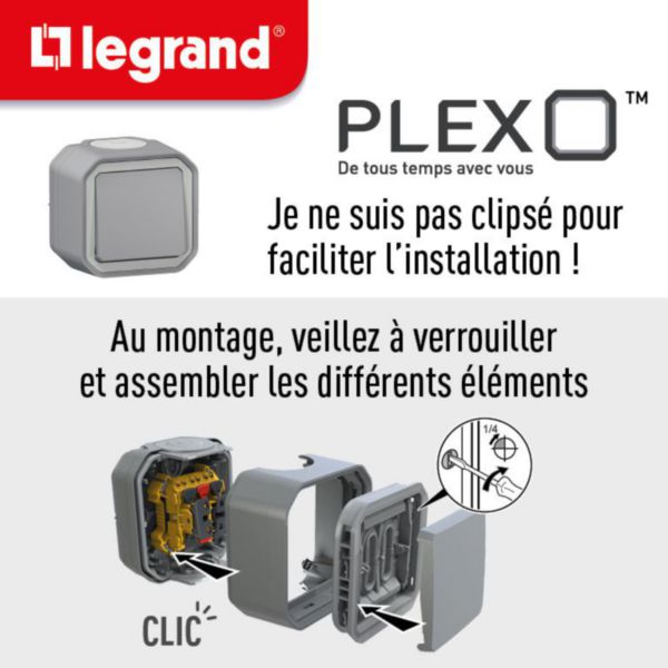 Poussoir lumineux étanche Plexo 10A livré complet avec voyant pour montage en apparent gris