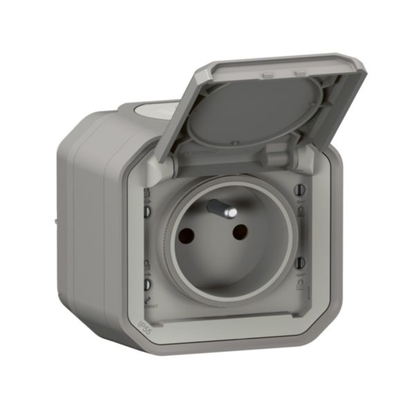 Prise de courant avec terre étanche avec volet Plexo 16A 250V livrée complète pour montage en apparent gris - emballage brochable