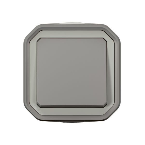 Poussoir simple étanche Plexo 10A livré complet pour montage en apparent gris