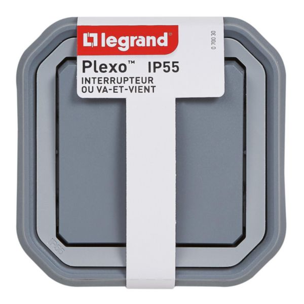 Interrupteur ou va-et-vient étanche Plexo 10A livré complet pour montage en encastré avec griffes gris
