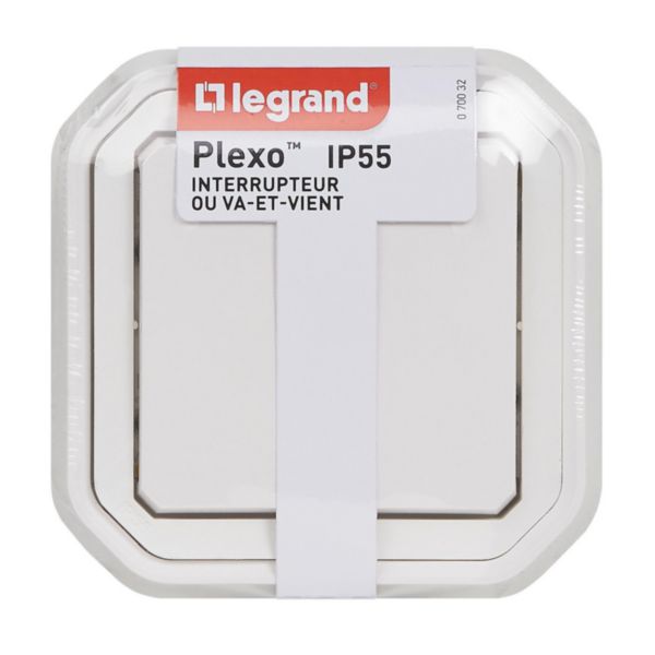 Interrupteur ou va-et-vient étanche Plexo 10A livré complet pour montage en encastré avec griffes blanc