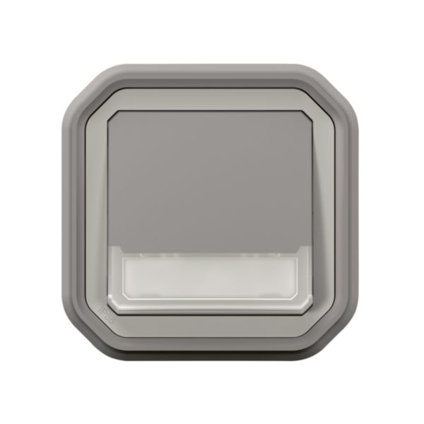 Poussoir inverseur lumineux étanche avec porte-étiquette Plexo livré complet pour montage en encastré avec griffes gris