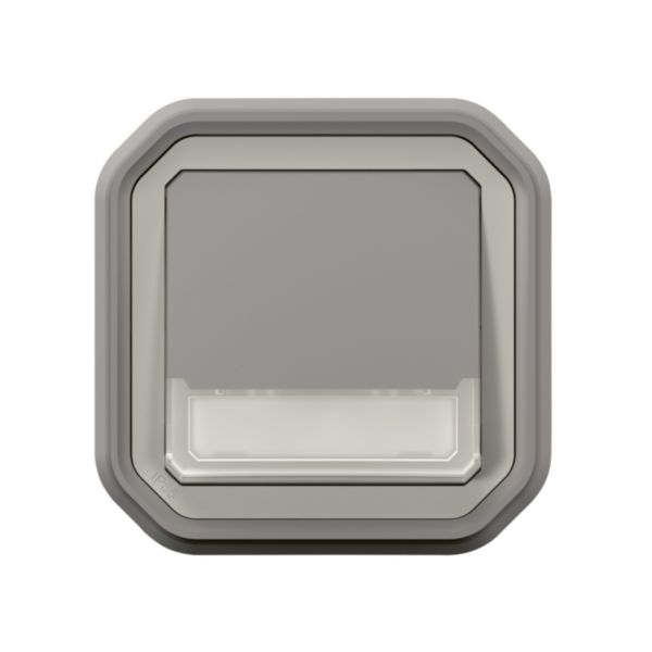 Poussoir inverseur lumineux étanche avec porte-étiquette Plexo livré complet pour montage en encastré avec griffes Gris 