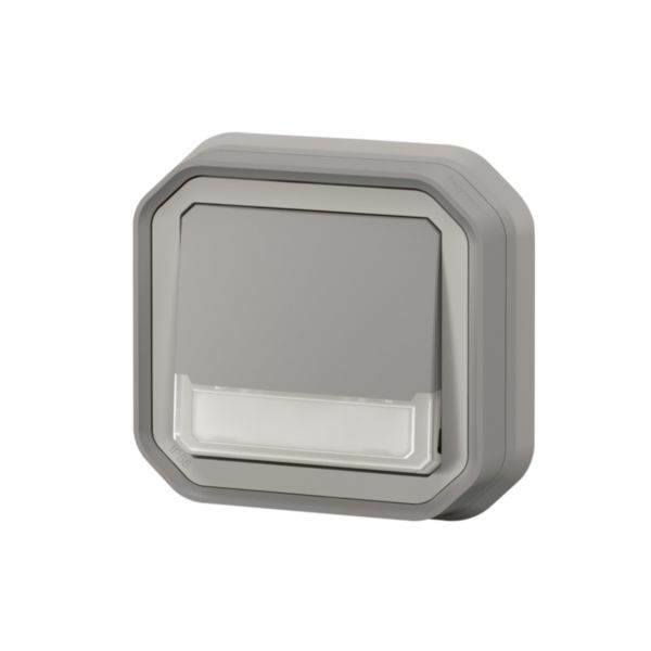 Poussoir inverseur lumineux étanche avec porte-étiquette Plexo livré complet pour montage en encastré avec griffes gris