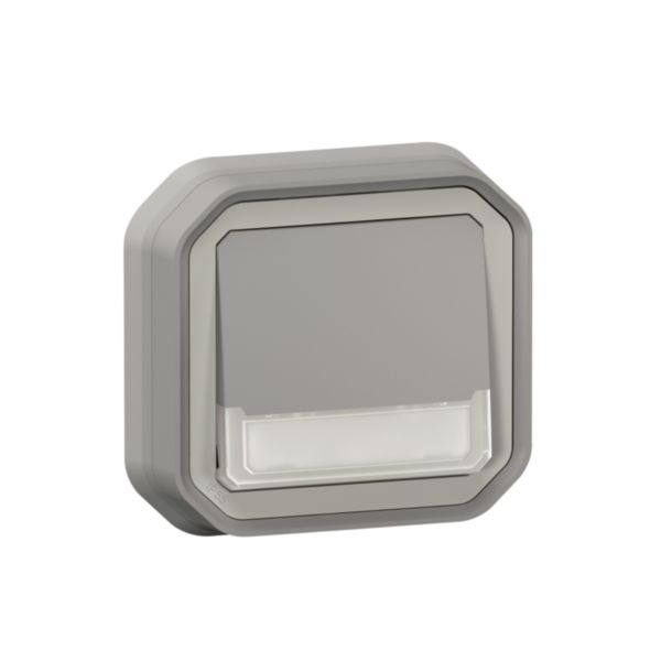 Poussoir inverseur lumineux étanche avec porte-étiquette Plexo livré complet pour montage en encastré avec griffes gris