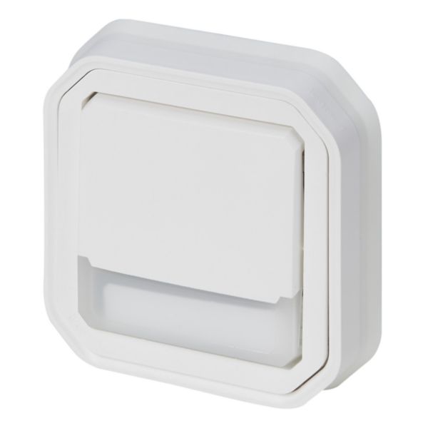 Poussoir inverseur lumineux étanche avec porte-étiquette Plexo - complet pour montage en encastré avec griffes Blanc